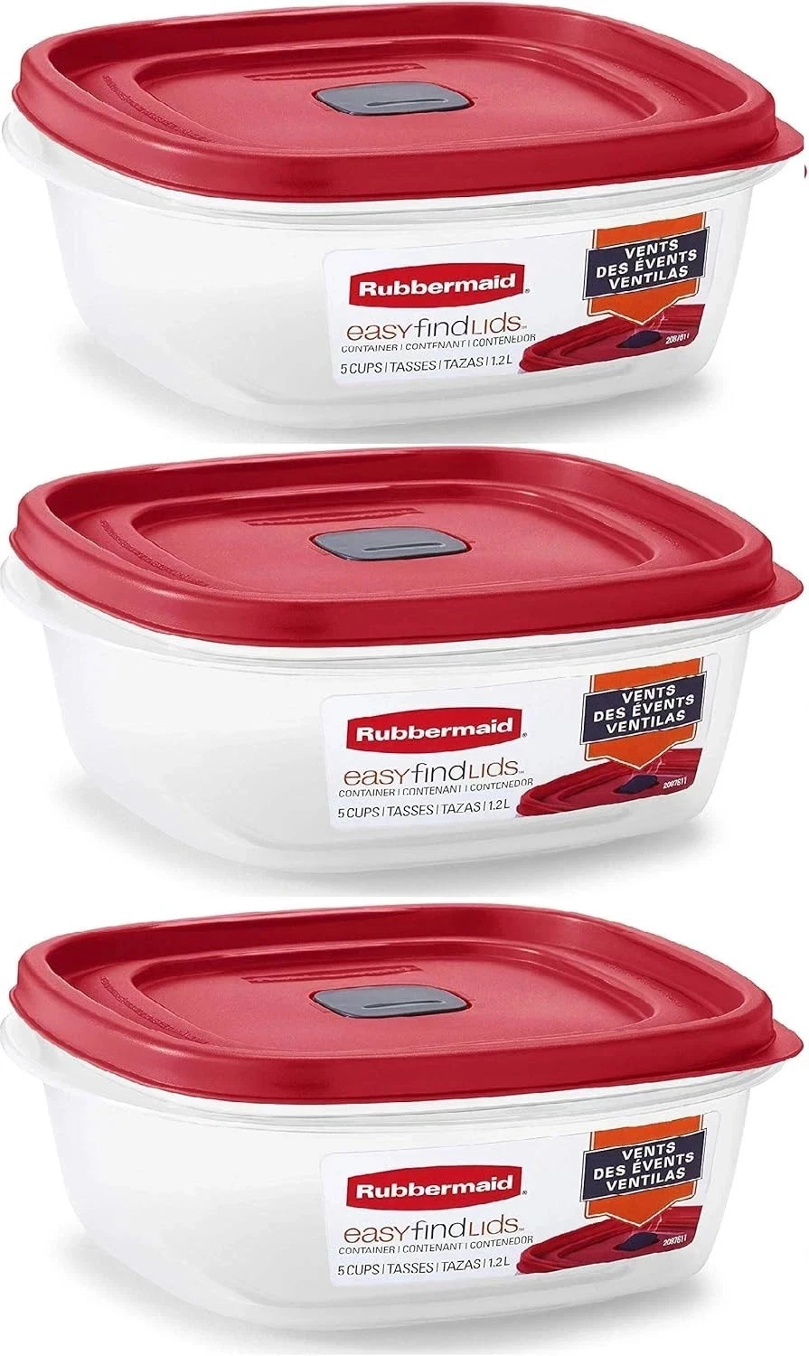 Easy Find Lid Square 5 Cup Food Storage Container Pack of 3 Red Vented