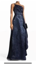 Teri Jon Ricki Freeman Formal One Shoulder Dress Gown Navy Shimmer Orig $780.00