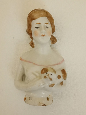 Antique porcelain half doll lady with small dog