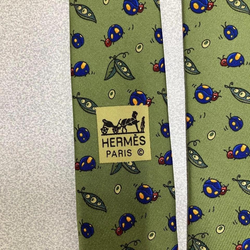 HERMES Neck Tie Green Ladybug 100%Silk unused mint gift - Image 4 of 4