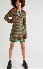 FREE PEOPLE Milano Mini Dress Floral Knit Small Green Combo Tulips Mod Retro 70s