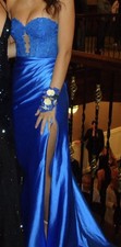 Blue Strapless Sweetheart Neckline Long Satin Gown with Lace Bodice and Slit