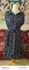 Motherhood Maternity navey/White Polka Dot Collared Button Belted Dress L
