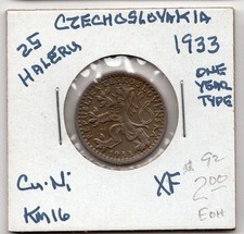 1933 25 Haleru CZECHOSLOVAKIA Copper Nickel 1 Year Type World Coin XF