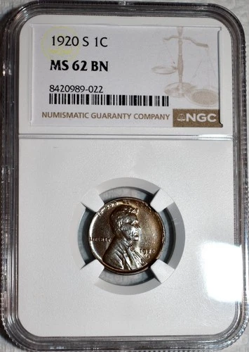 NGC MS-62 BN 1920-S Lincoln Cent, Blazing, Lightly Toned, Tougher Date.