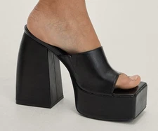 Z_Code_Z, TRENDY Black smooth faux leather 5.5" heel platform mules, SZ 10