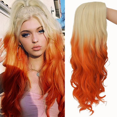 Swiking Blonde Ombre Orange Long Curly Wig Oange Wave Wig Synthetic Middle Part