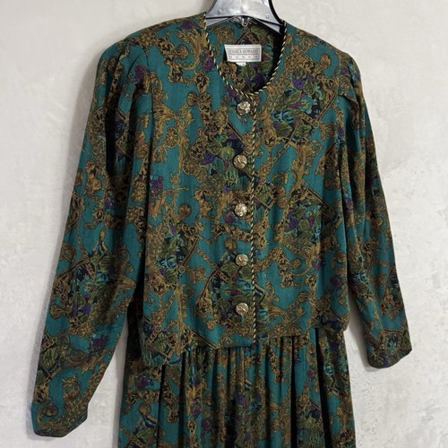 Vintage Jessica Howard Jacket Palazzo Pants Set Size 18 Green Gold Boxy Party - Picture 9 of 21