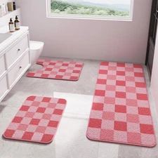Pink Bathroom Rugs Sets 3 Pieces, Thick Absorbent Chenille Bath Mat Rug Set N...