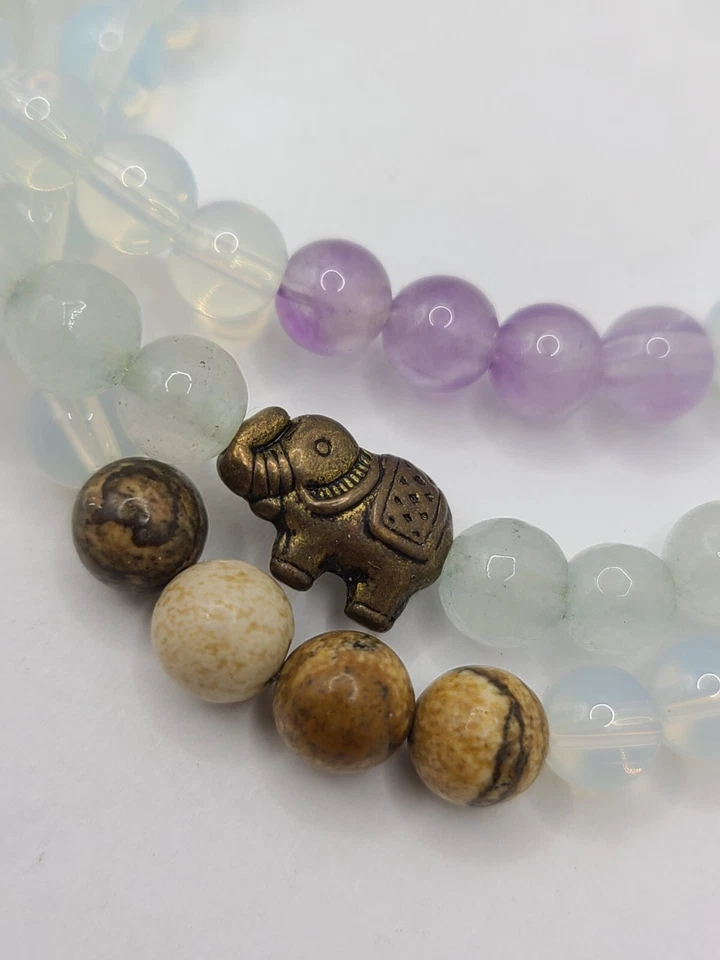 Pulsera Talismala Sagrada Hecha a Mano Vidrio Amatista y Cuentas de Madera Elefante Dije 7" Foto 2 de 3