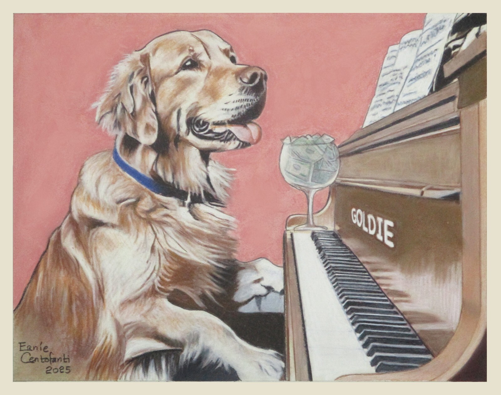 Obra de arte animal #156 pintura pastel Golden Retriever tocando el piano