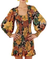 Farm Rio XS Garden Black Mini Dress Floral Print Smocked Long Sleeve $230
