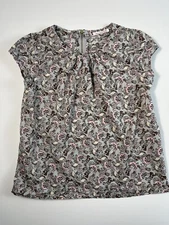 Monoprix Kids Size 10 Girls Blouse Pheasant Print Blue Pink Short Cap Sleeve Top