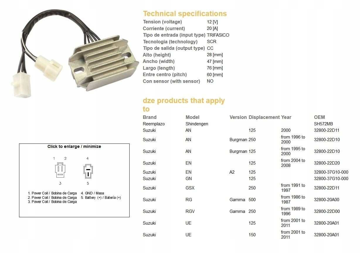 Régulateur DZE haute dissipation thermique pour motos Suzuki GN 125 et AN 250