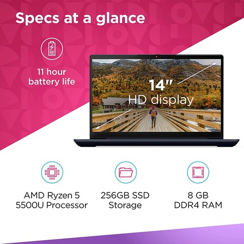 Lenovo IdeaPad 3 Laptop, 14.0" Ryzen 5 5500U 8GB RAM 256GB Radeon 7 Win 11 Home - Picture 10 of 11