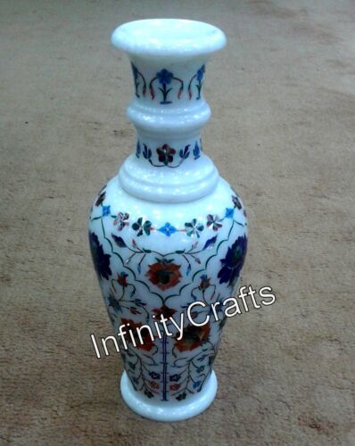 12 Inches White Marble Flower Pot Inlaid with Floral Pattern Garden Decor Vase