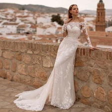 Elegant Boat Neck Mermaid Wedding Dresses Appliques Long Sleeves Bridal Gowns