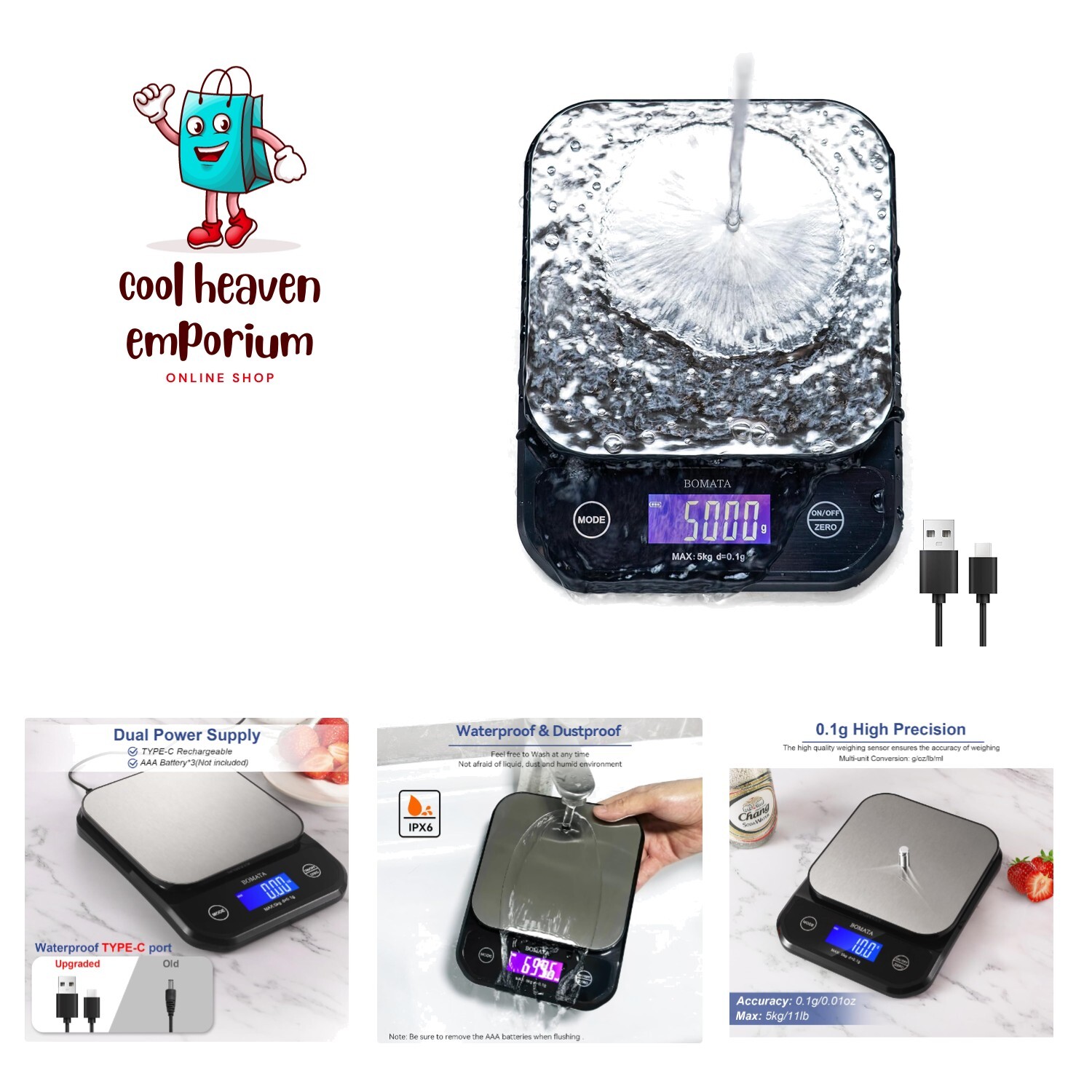 Waterproof Kitchen Scale, 0.1g/0.01oz High Precision, 5kg/11lb, Washable, USB...-image