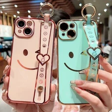 Cute Smile Case For iPhone 14 13 12 11 15 Pro Max XS 8 Wrist Strap Stand Cover