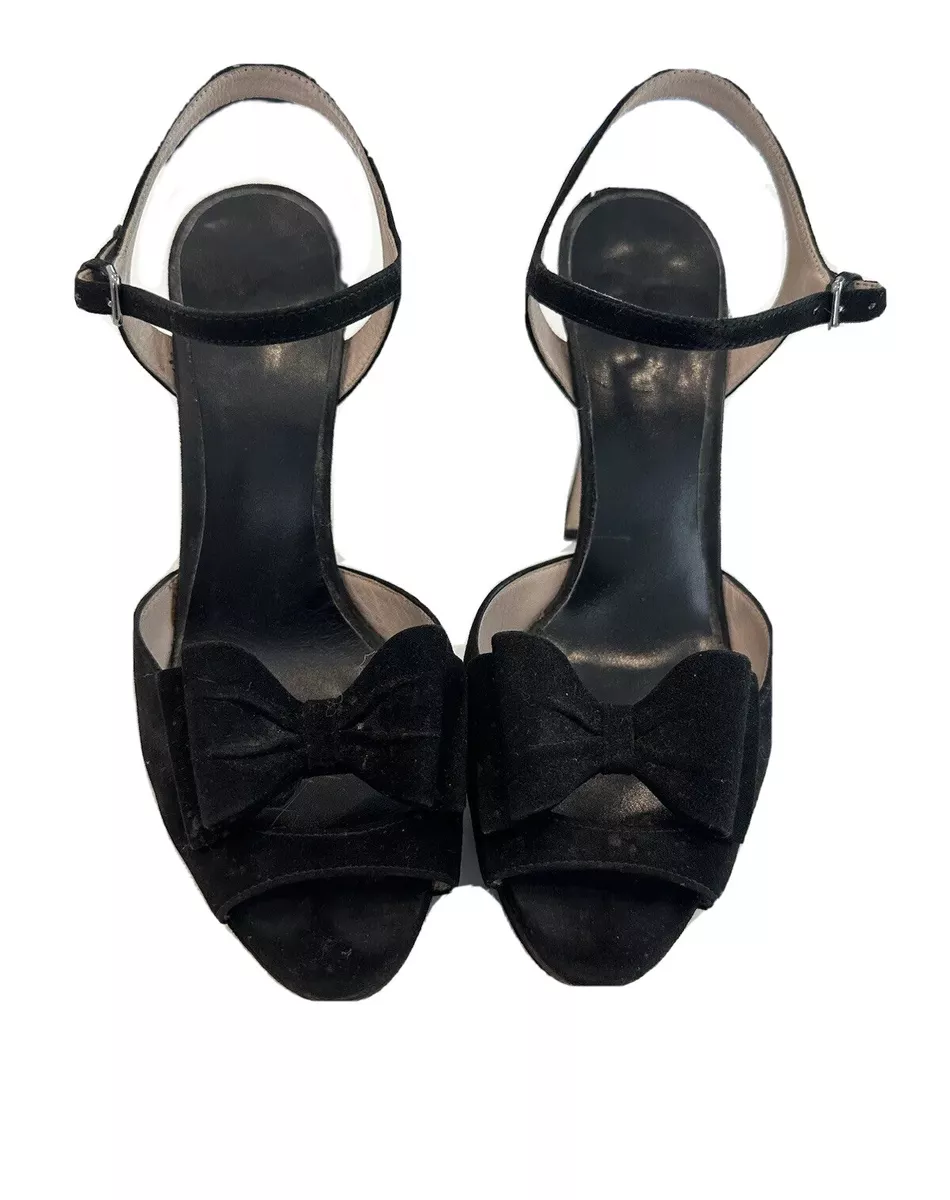 MIU MIU Black Suede Leather Peep Toe Double Bow Pump Heel 39.5 9.5 Shoes b