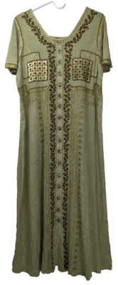 I.K.Collections Womens Green Shift Dress Floral Embroidered Button Front Sz S/M