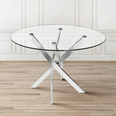 HOME-GARDEN-TRENDS Chrome Metal Leg Round Glass Dining Table 90cm Kitchen Living Room Coffee Dinner