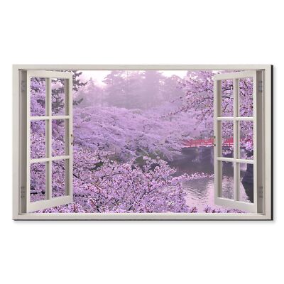 Japanischer Garten Rosa Blüten Bäume Fenster Blick Leinwandbild Kunst