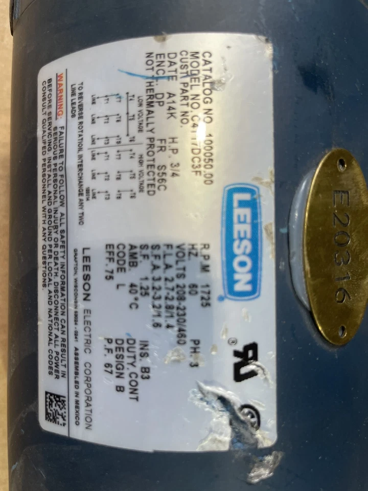 LEESON ELECTRIC MOTOR 100050.00 / 10005000 NEW OPEN BOX 3/4 HP FRAME S56C S-67 - Image 2 of 4