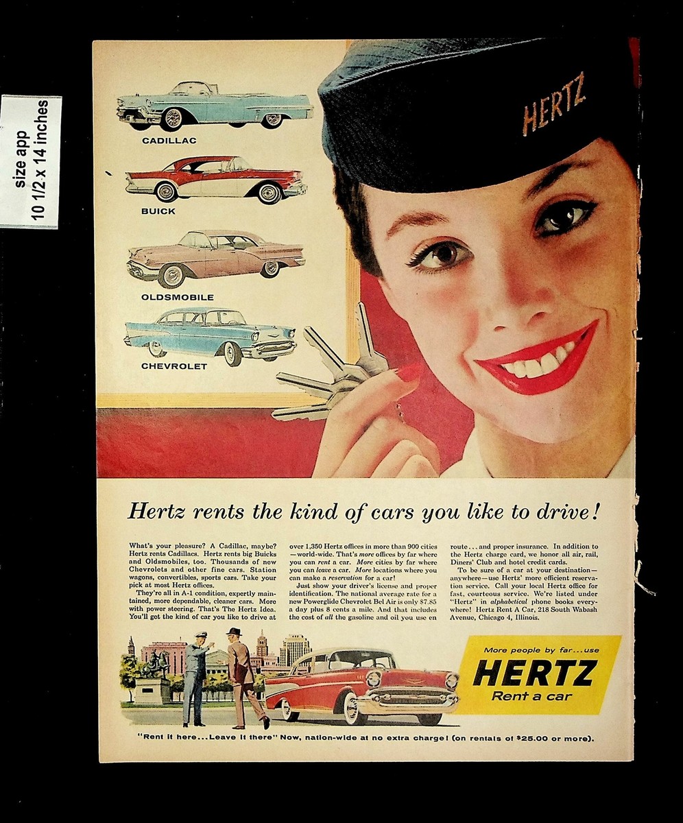 1957 Hertz Rent A Car Buick Oldsmobile Car Rental Vintage Print Ad 