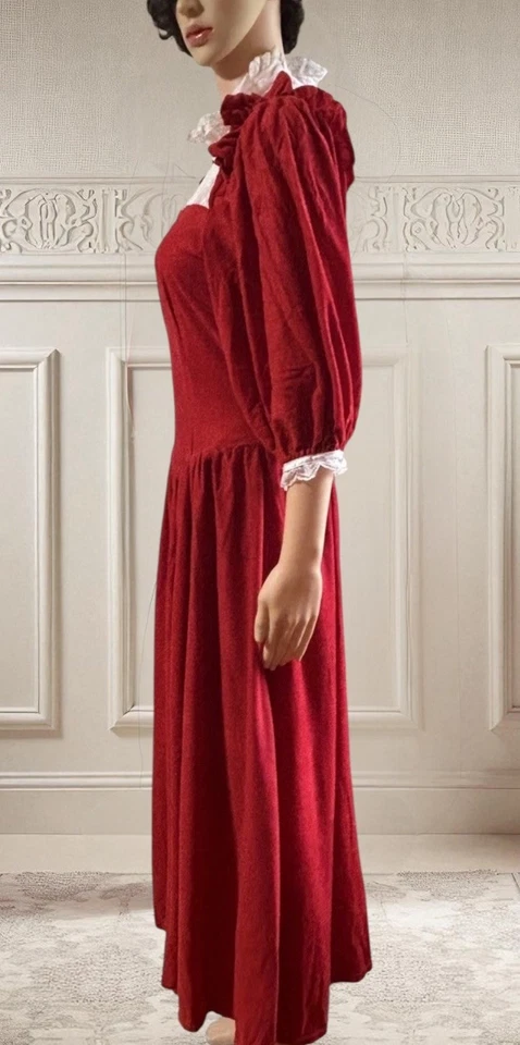 Vintage 70s Dress Victorian Velour Romantic Christmas Lace Ruffle Womens Sz 30w - Image 4 of 4