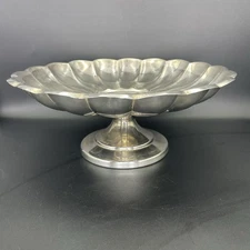 VTG Silver Plate Compote Pedestal Dish  Scalloped Edge MCM Centerpiece 13”W