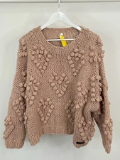 WISHLIST Hand Made Hearts Chunky Boho Comfy Size S/M Pink Women Sweater
