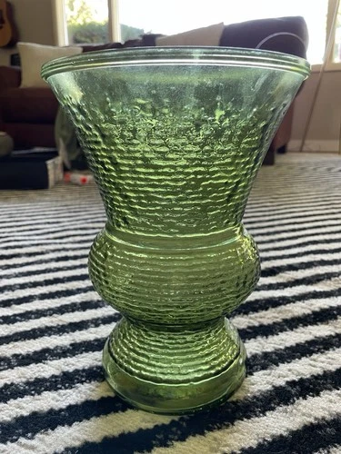 Large 10" Soreno Glass Bark Ridged Flower Vase Retro Avocado Green Vtg Hocking