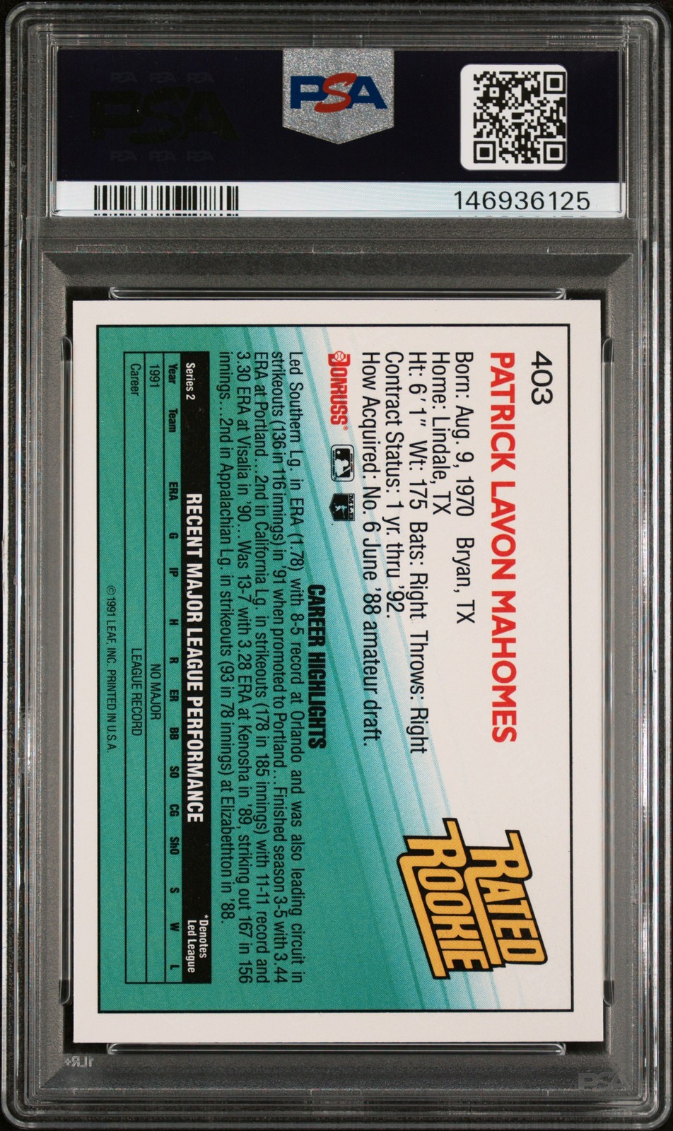 1992 DONRUSS #403 PAT MAHOMES PSA 10 view 2