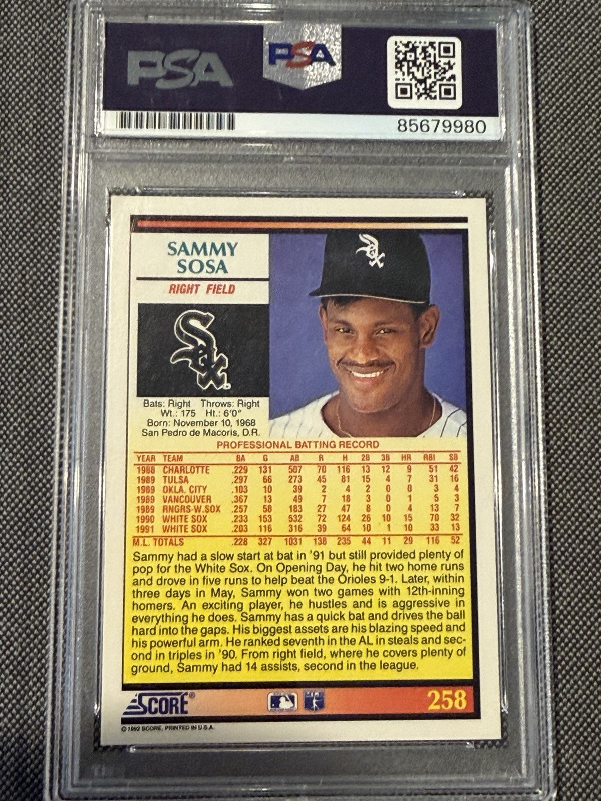 Sammy Sosa Signed 1992 Score PSA/DNA Certified Authentic Auto view 2