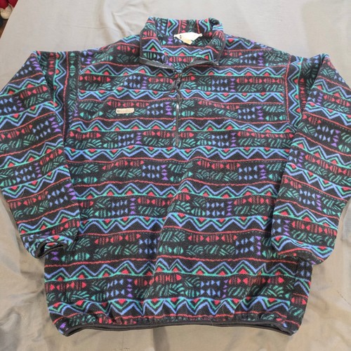 Columbia, Vtg 90s Columbia Mens XL Tall Fleece Pullover Aztec Geometric Quarter Zip Black