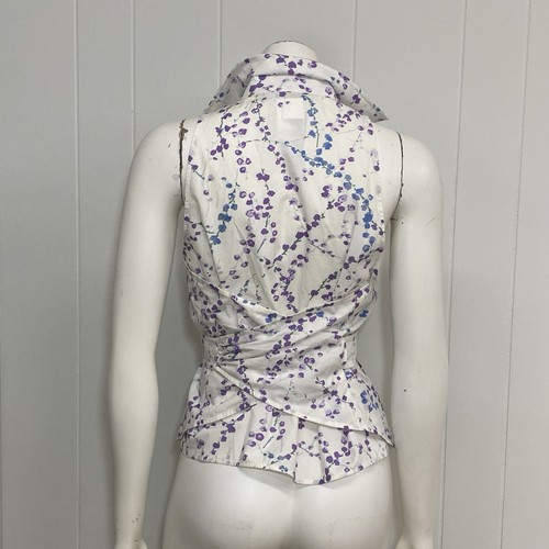 Max Mara Top Womens 8 White Floral Cotton Button Sleeveless Self Tie Chic Italy - Picture 3 of 19