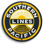 SOUTHERN PACIFIC - VINTAGE ANDE ROONEY PORCELAIN ENAMELED AD SIGN - 9" DIA