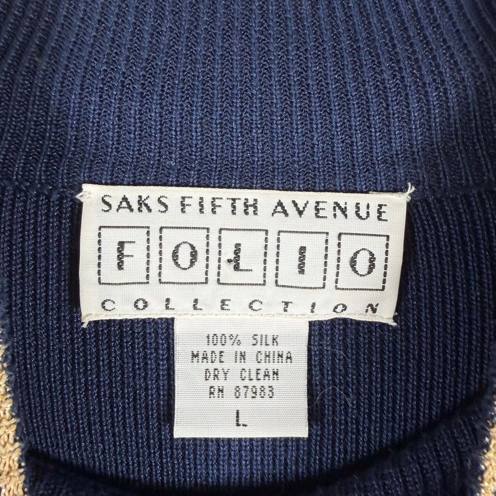 Saks Fifth Avenue Collection Silk Navy Sh Slv Mock Neck Knit Top L Metallic Trim