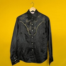 Vintage 70s H Bar C Western Shirt Women s Sz M Satin Black Gold Rodeo Rockabilly