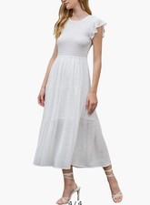 NWT August Sky Womens Smocked Tiered Midi Dress White Size Medium
