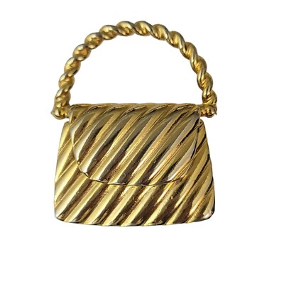 Gold Tone Ribbed Hinged Articulated Purse, Hand Bag Brooch