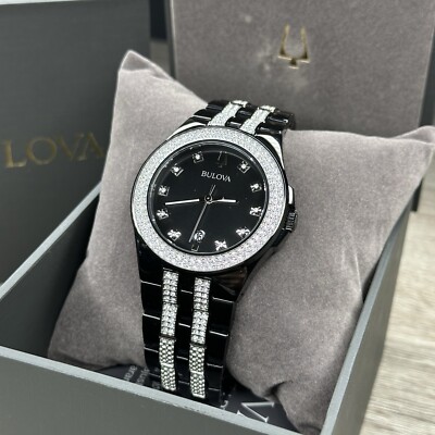NEW CRYSTALS  Bulova Black Stainless Steel Date Luxury Men's Watch 98K101