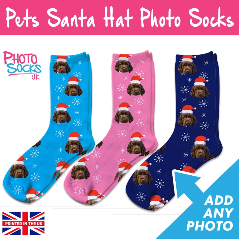 MY PHOTO SOCKS Personalised Pets Dog Santa Hat Christmas Photo Socks Great Gift Add Any Photo