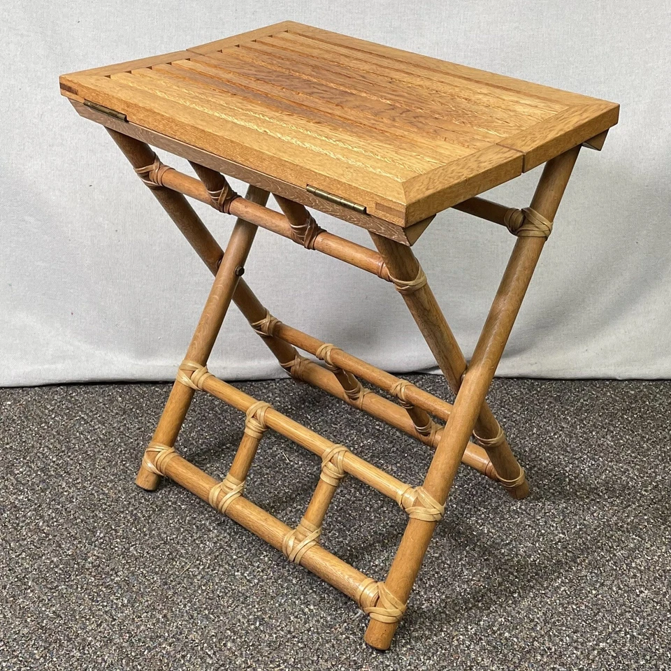 VINTAGE McGuire Rattan Oak Campaign Folding Drink Side Table Pinch Finger Bamboo - Image 2 of 4