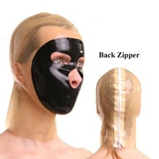 Clear Latex Hood with Black Face Closed Mouth Fetish BDSM Rubber Mask Back Zip