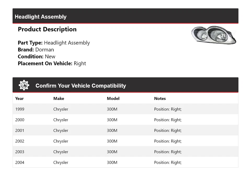 Conjunto de faros derecho para Chrysler 300M Dorman 1999-2004 2000 2001 2002 2003 Foto 2 de 4