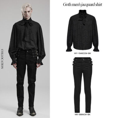 Punk Rave Men Goth Ruffled Standing Collar Tops Detachable Bow Tie Black Shirts