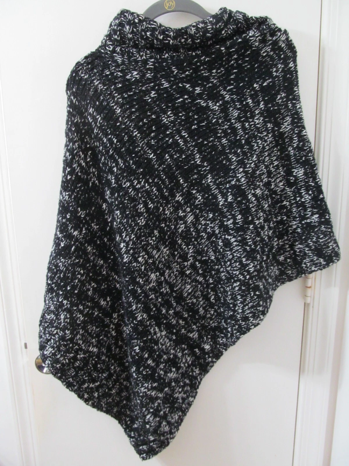 EILEEN FISHER Cape Poncho Black white chunky knit Asymm hem Org Cotton O/S Peru