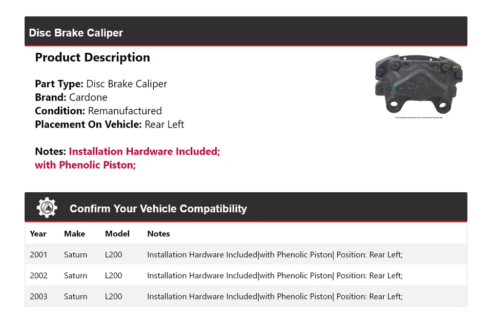 Pinça de freio a disco traseira esquerda Cardone 2002 Saturn L200 2001-2003 - Imagem 2 de 4